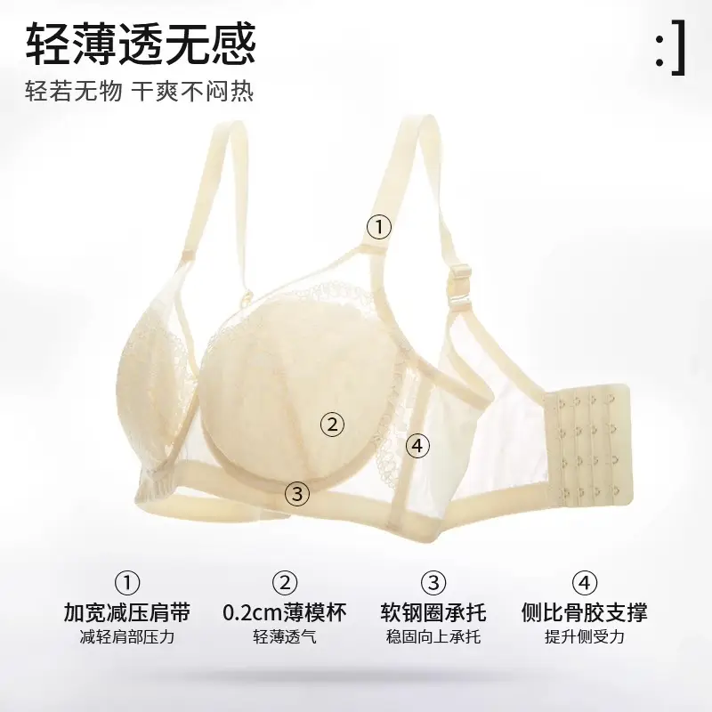 Large Chest Shiny French Style Underwear Adjustable Bra Women's Summer Gathering Anti-sagging Thin Soft Steel Ring plus size Bra