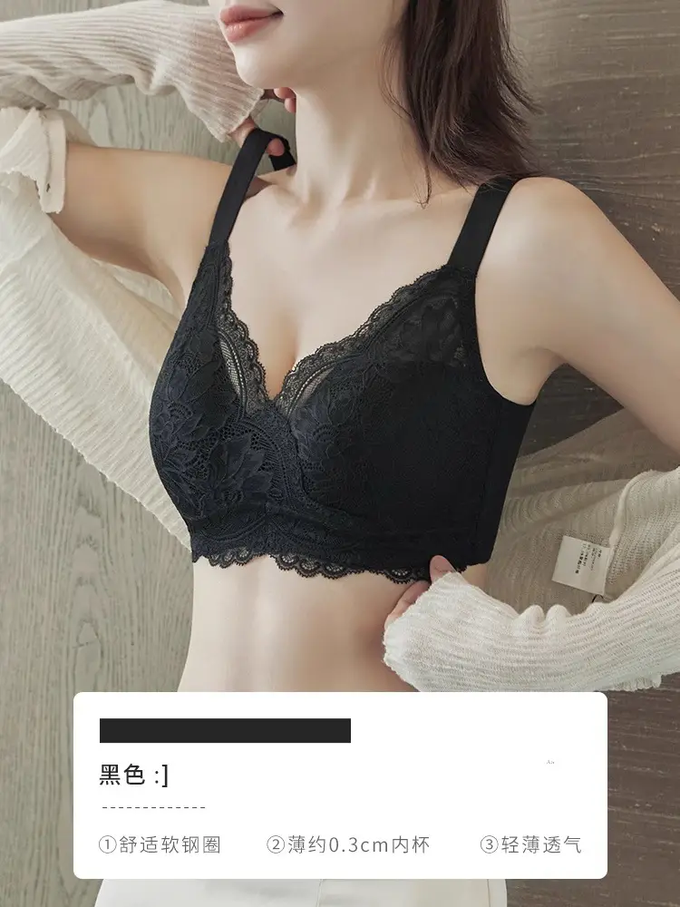 Large Chest Shiny French Style Underwear Adjustable Bra Women's Summer Gathering Anti-sagging Thin Soft Steel Ring plus size Bra
