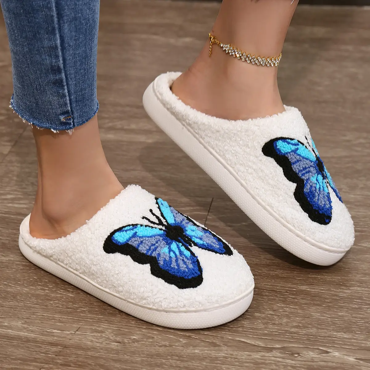 Cross-border Cartoon Butterfly Fleece Slippers White Extra Large