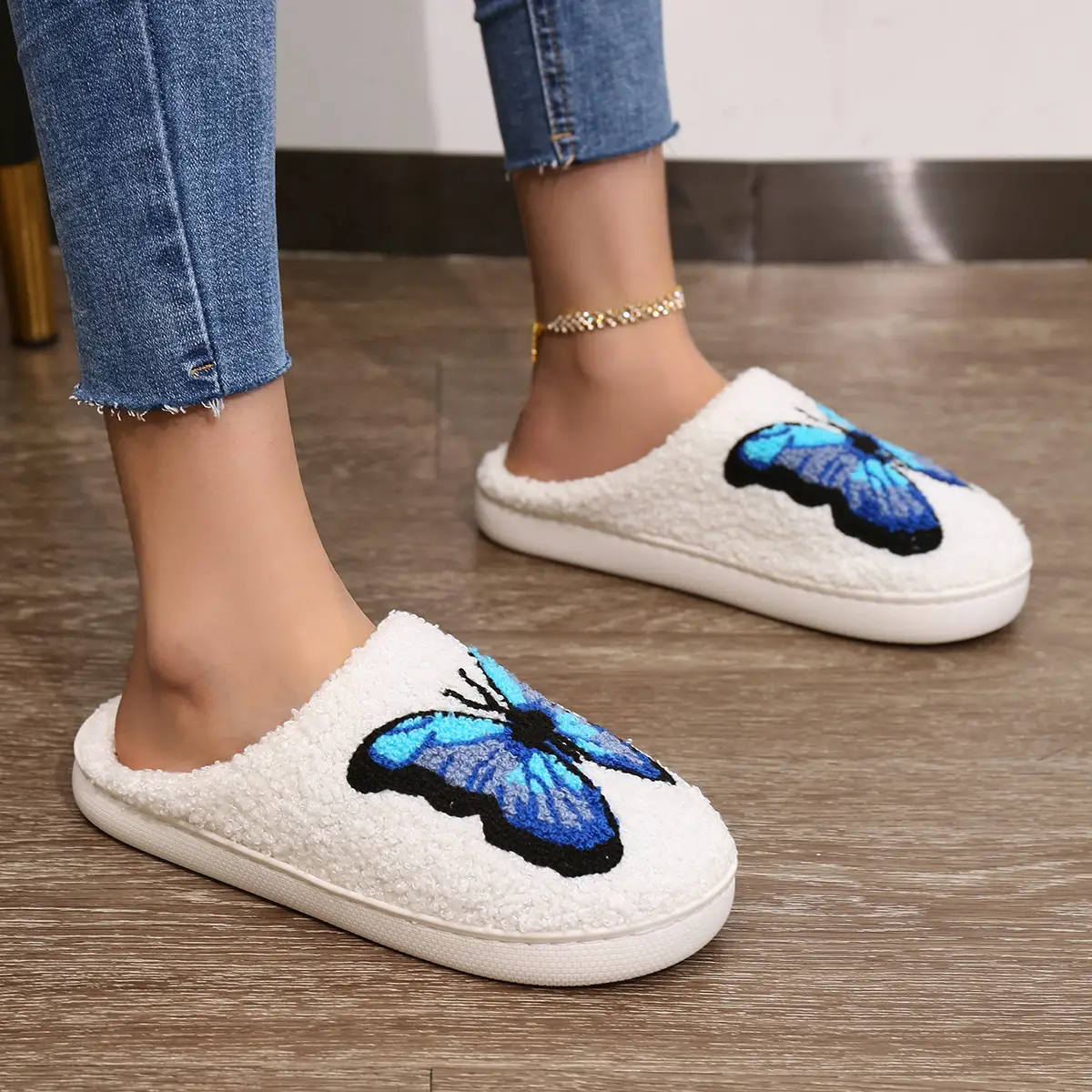 Cross-border Cartoon Butterfly Fleece Slippers White Extra Large