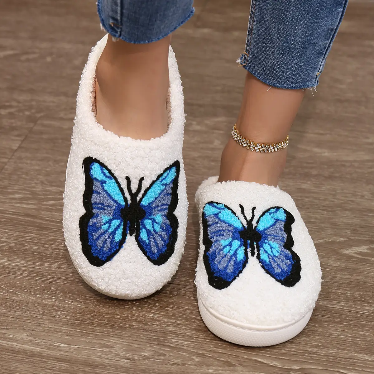 Cross-border Cartoon Butterfly Fleece Slippers White Extra Large — feature 1
