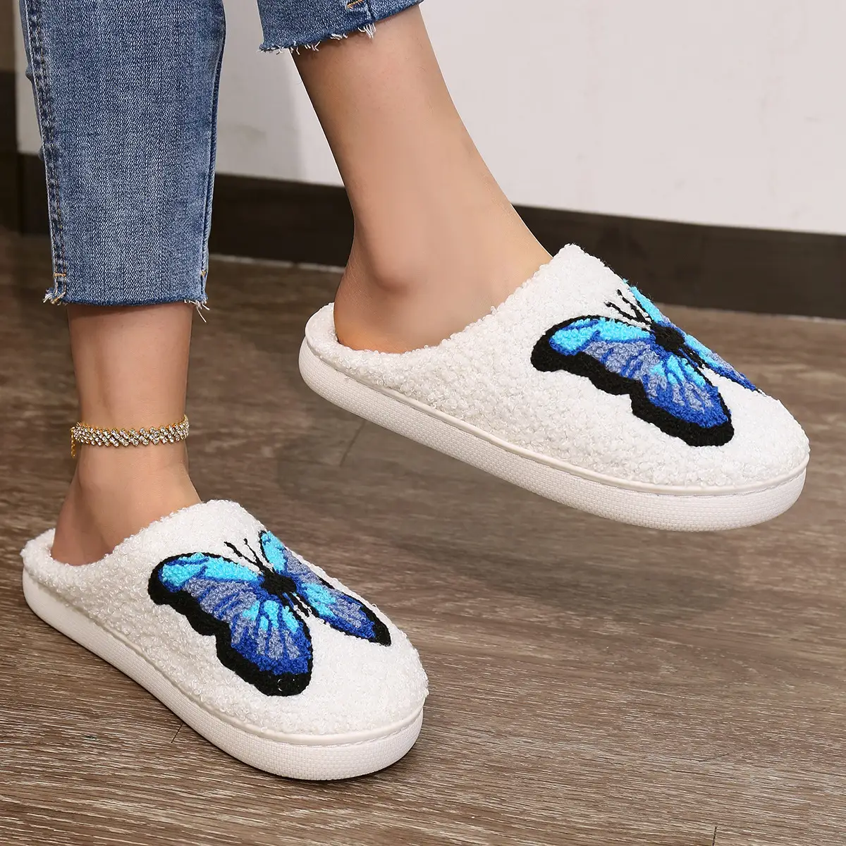 Cross-border Cartoon Butterfly Fleece Slippers White Extra Large — feature 3