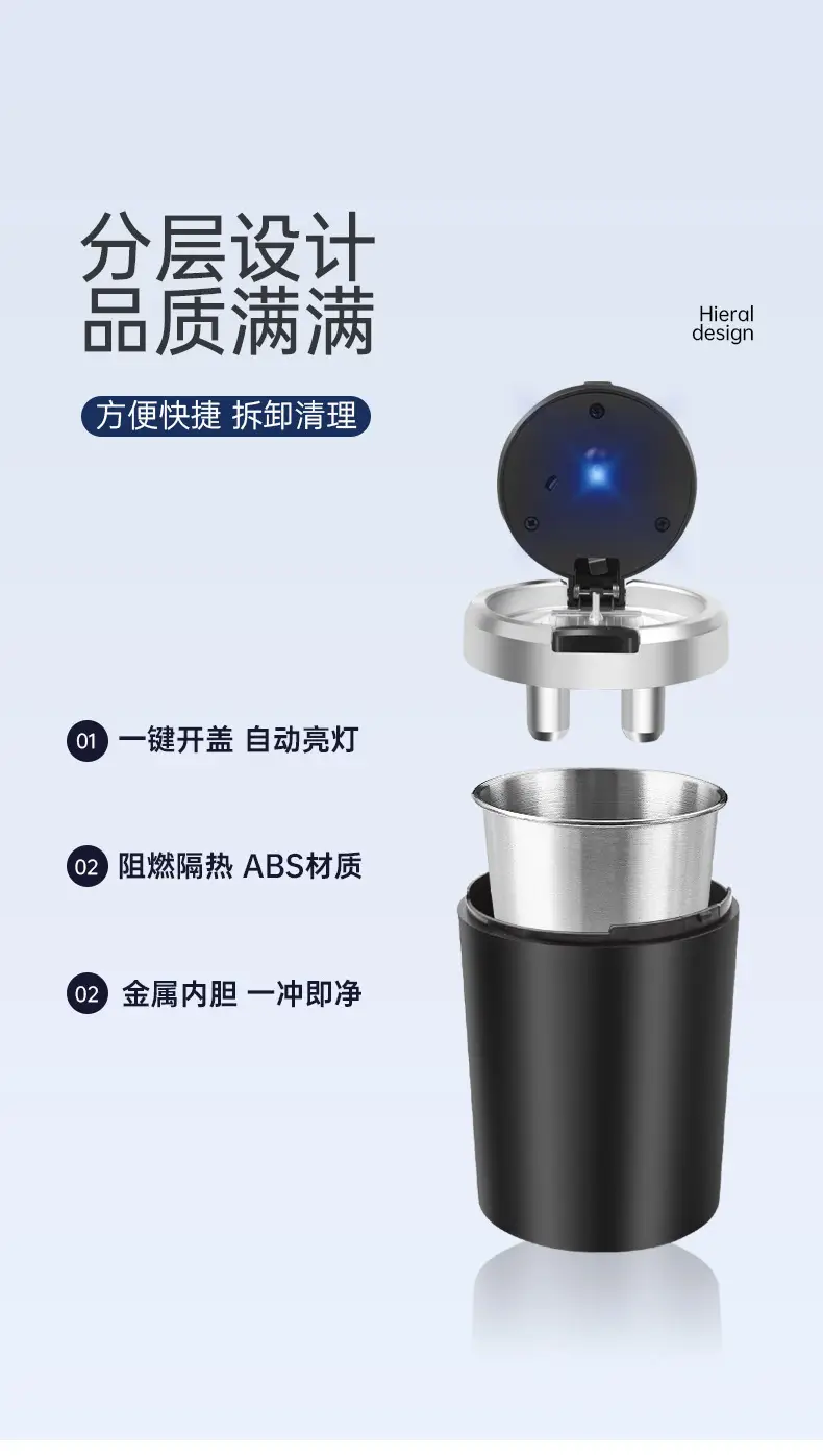 Car ashtray anti-ash no-drop smoke one-button open cover metal liner with LED lamp car ashtray — feature 37