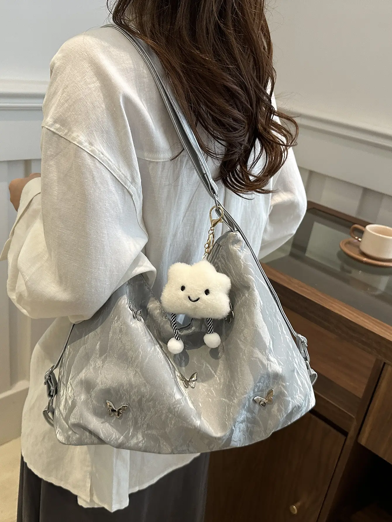 Women's Creamy Soft Shoulder Bag with Pom Pom Design - Image 7