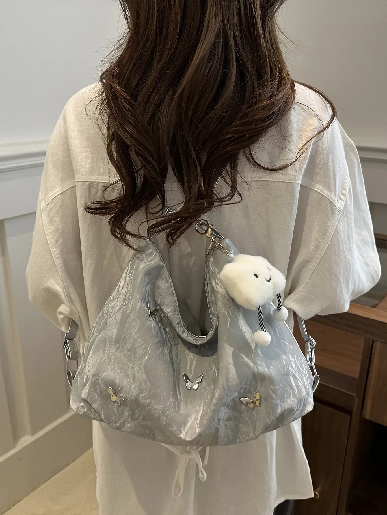 Women's Creamy Soft Shoulder Bag with Pom Pom Design - Image 8
