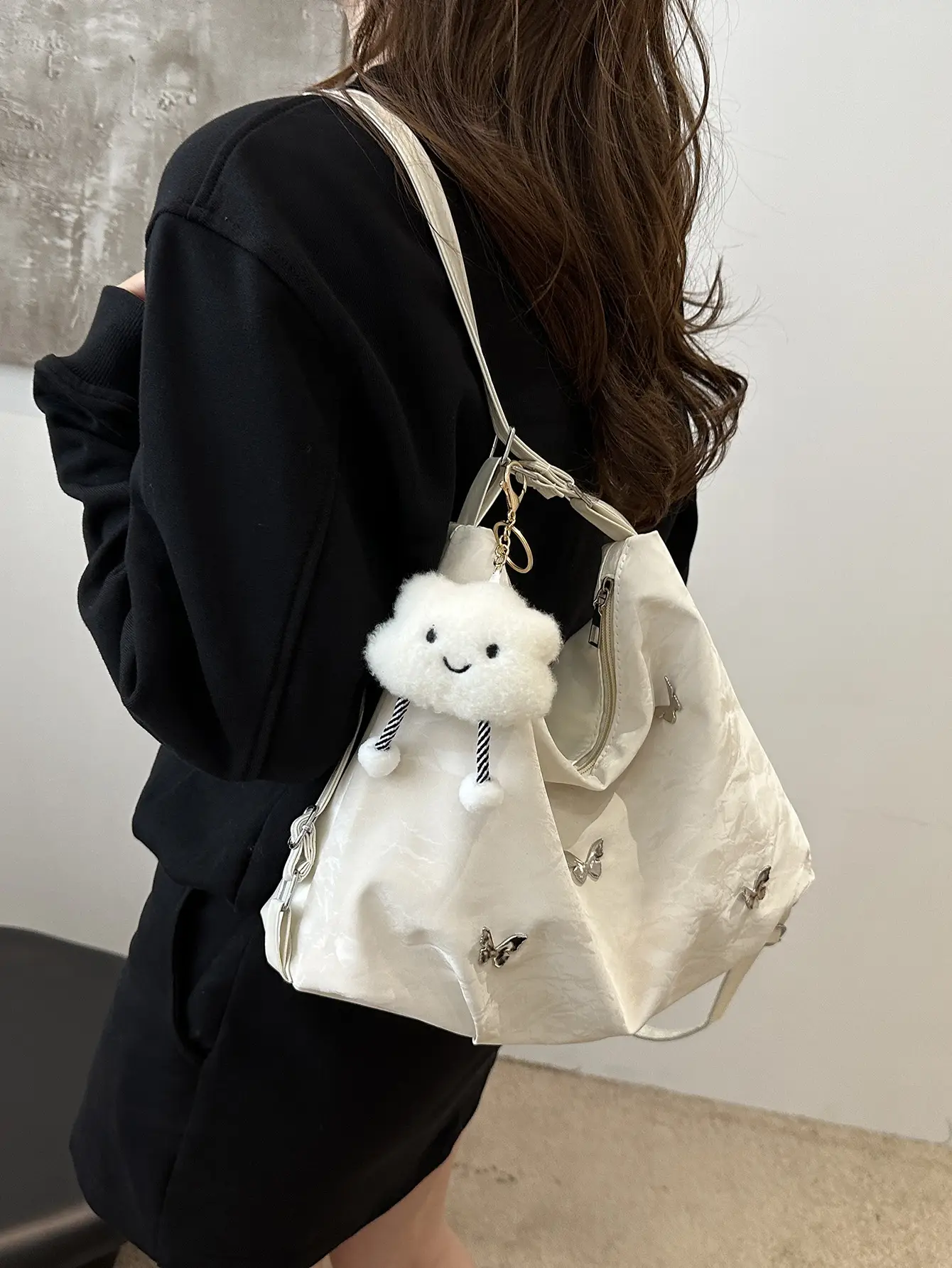 Women's Creamy Soft Shoulder Bag with Pom Pom Design - Image 9