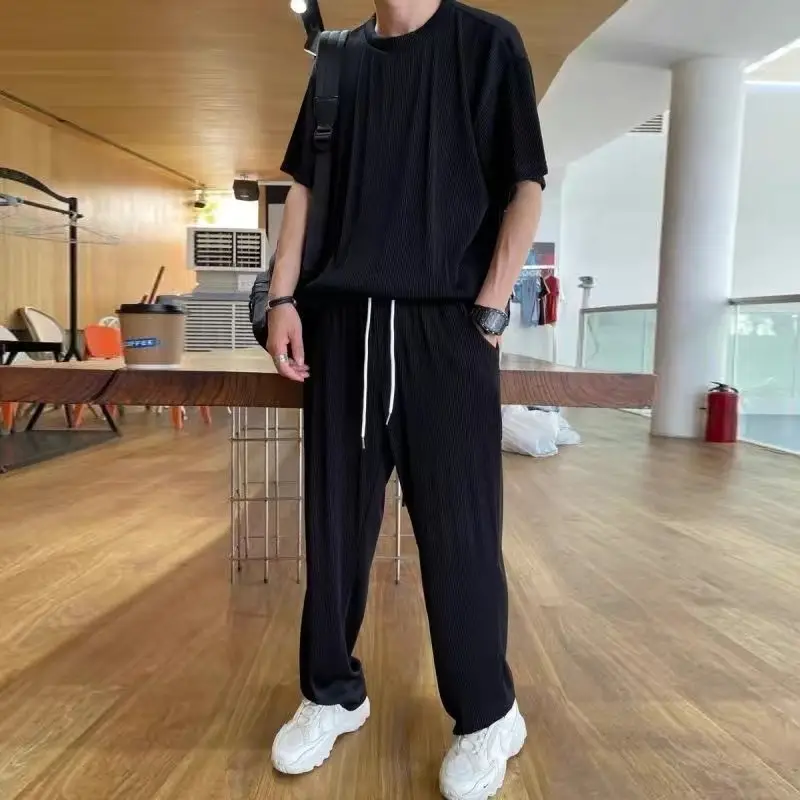 Casual suit Ice Silk Sports Men's Summer Thin Short-sleeved T-shirt Quick-drying Long Pants Wear Half-sleeved Clothes Set