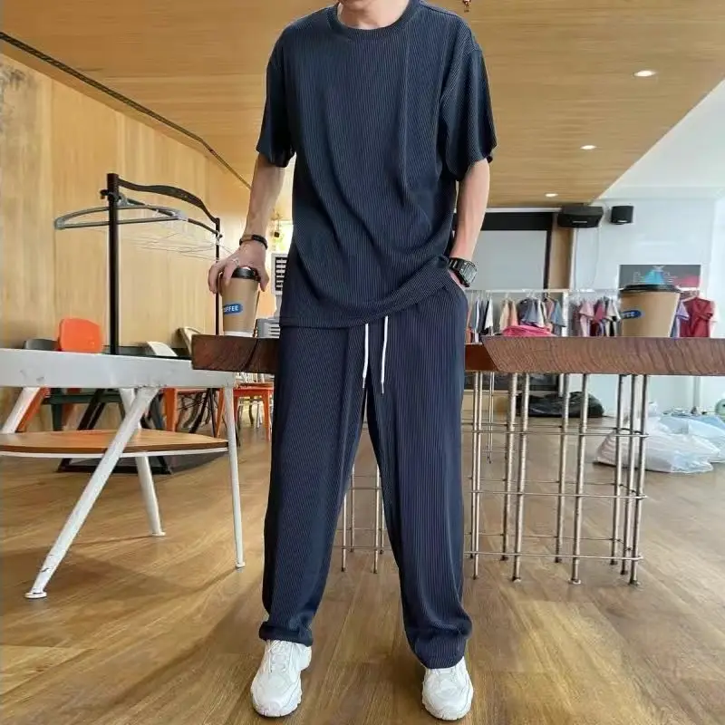 Casual suit Ice Silk Sports Men's Summer Thin Short-sleeved T-shirt Quick-drying Long Pants Wear Half-sleeved Clothes Set