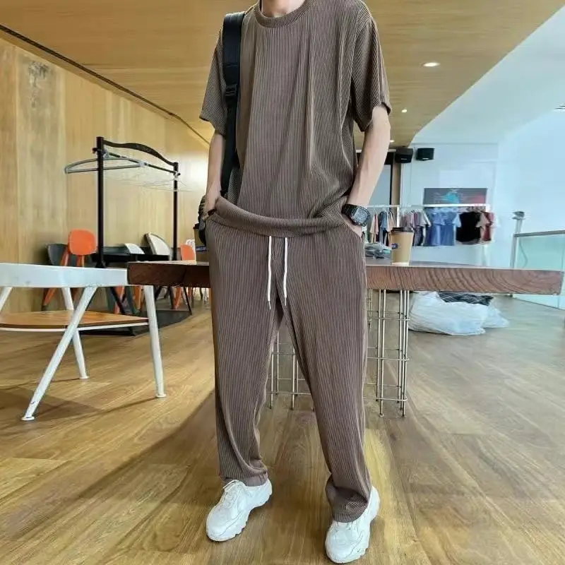 Casual suit Ice Silk Sports Men's Summer Thin Short-sleeved T-shirt Quick-drying Long Pants Wear Half-sleeved Clothes Set