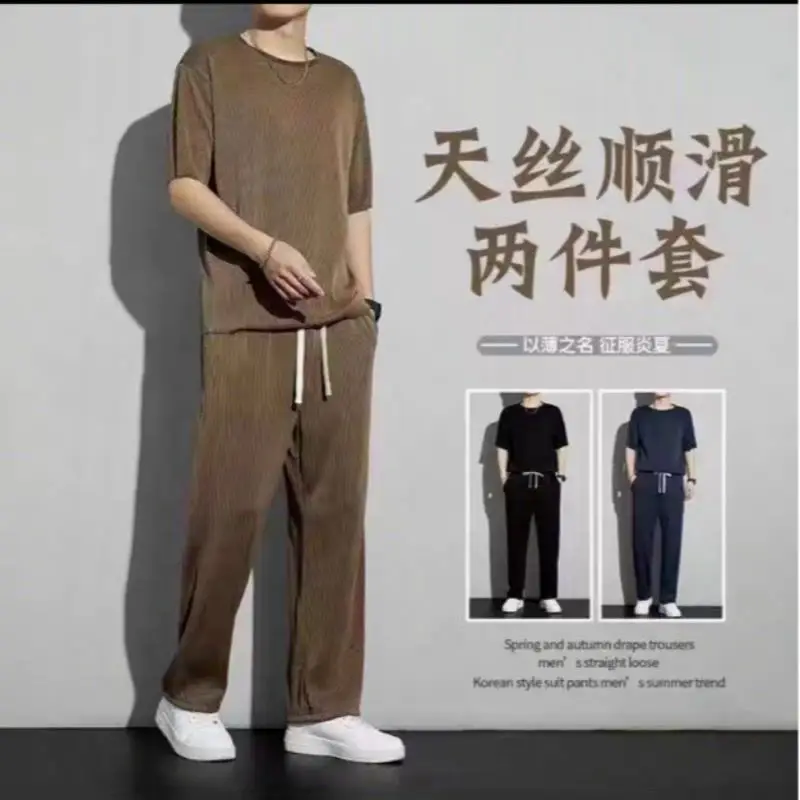 Casual suit Ice Silk Sports Men's Summer Thin Short-sleeved T-shirt Quick-drying Long Pants Wear Half-sleeved Clothes Set — feature 12