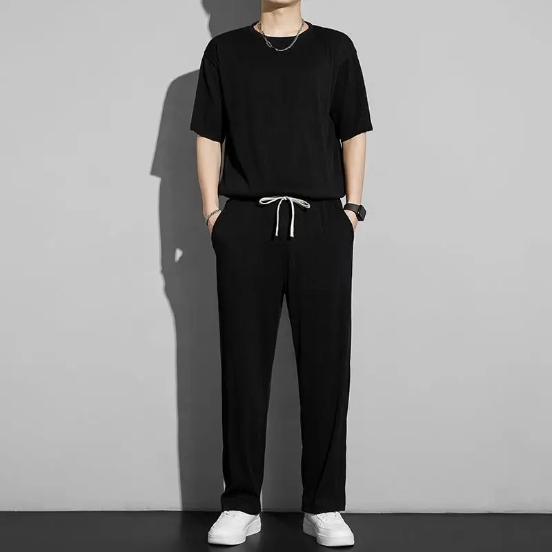 Casual suit Ice Silk Sports Men's Summer Thin Short-sleeved T-shirt Quick-drying Long Pants Wear Half-sleeved Clothes Set — feature 13