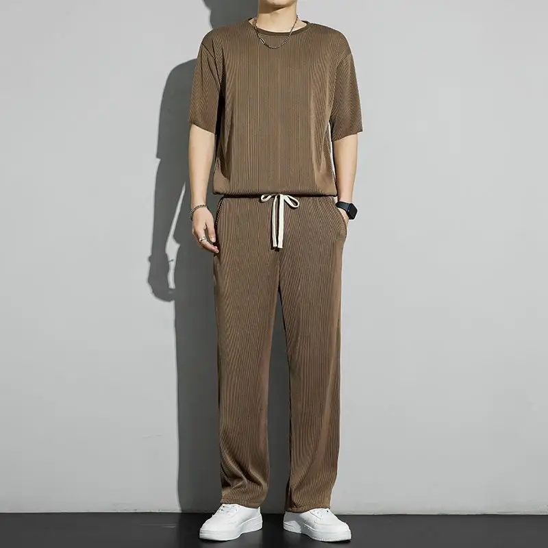 Casual suit Ice Silk Sports Men's Summer Thin Short-sleeved T-shirt Quick-drying Long Pants Wear Half-sleeved Clothes Set — feature 14