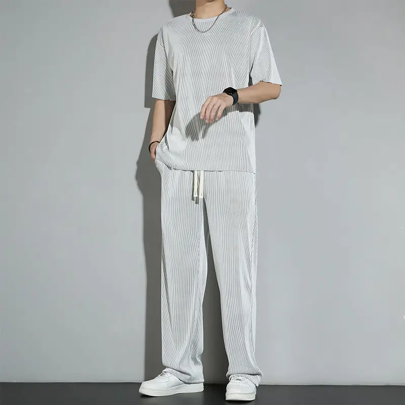 Casual suit Ice Silk Sports Men's Summer Thin Short-sleeved T-shirt Quick-drying Long Pants Wear Half-sleeved Clothes Set — feature 15