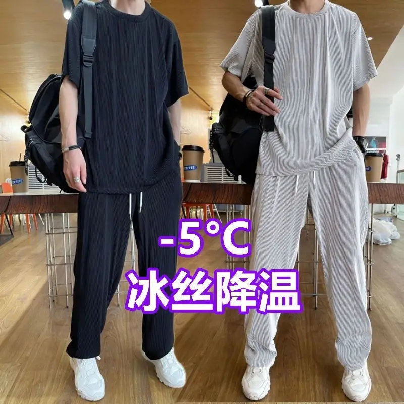 Casual suit Ice Silk Sports Men's Summer Thin Short-sleeved T-shirt Quick-drying Long Pants Wear Half-sleeved Clothes Set — feature 16