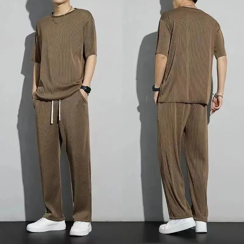 Casual suit Ice Silk Sports Men's Summer Thin Short-sleeved T-shirt Quick-drying Long Pants Wear Half-sleeved Clothes Set — feature 17