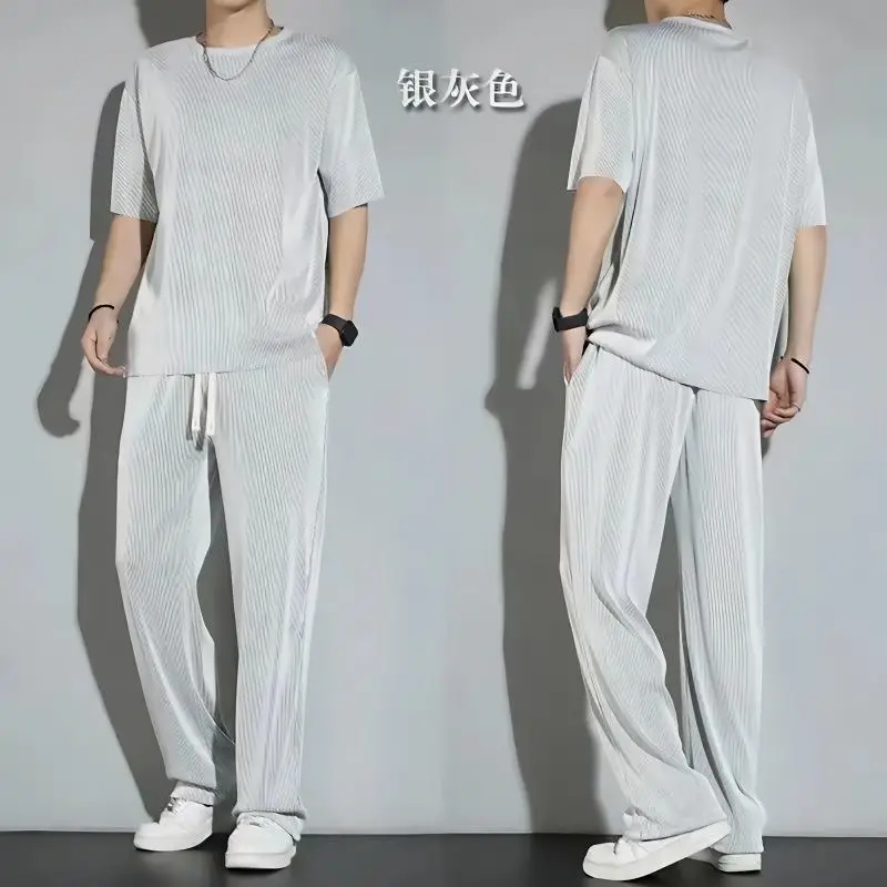 Casual suit Ice Silk Sports Men's Summer Thin Short-sleeved T-shirt Quick-drying Long Pants Wear Half-sleeved Clothes Set — feature 18