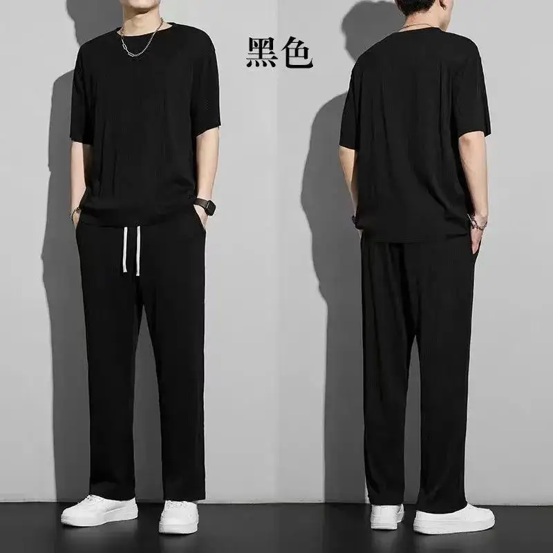 Casual suit Ice Silk Sports Men's Summer Thin Short-sleeved T-shirt Quick-drying Long Pants Wear Half-sleeved Clothes Set — feature 19