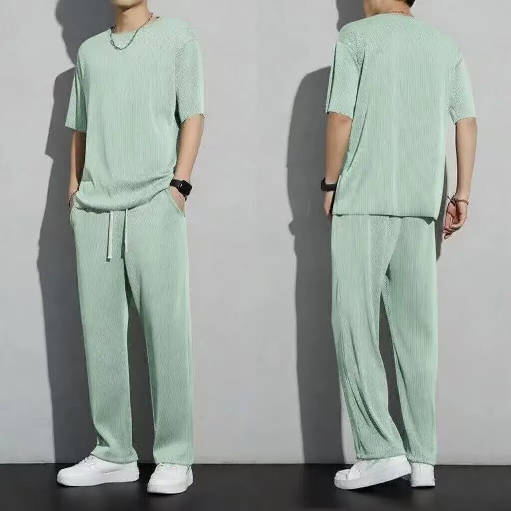 Casual suit Ice Silk Sports Men's Summer Thin Short-sleeved T-shirt Quick-drying Long Pants Wear Half-sleeved Clothes Set