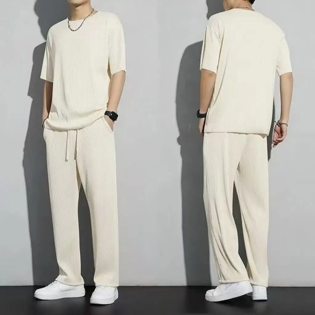 Casual suit Ice Silk Sports Men's Summer Thin Short-sleeved T-shirt Quick-drying Long Pants Wear Half-sleeved Clothes Set