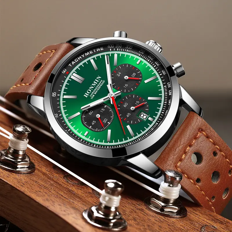 Honmin Six-Pin Chronograph Watch Men Black Leather Belt