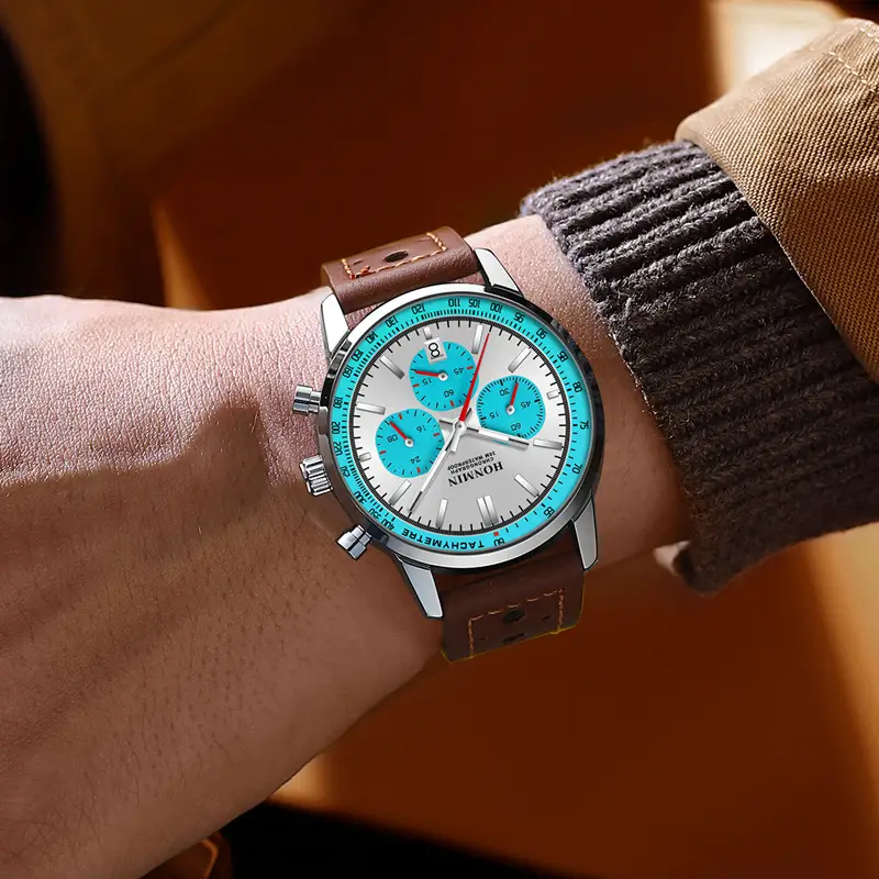 Honmin Six-Pin Chronograph Watch Men Black Leather Belt