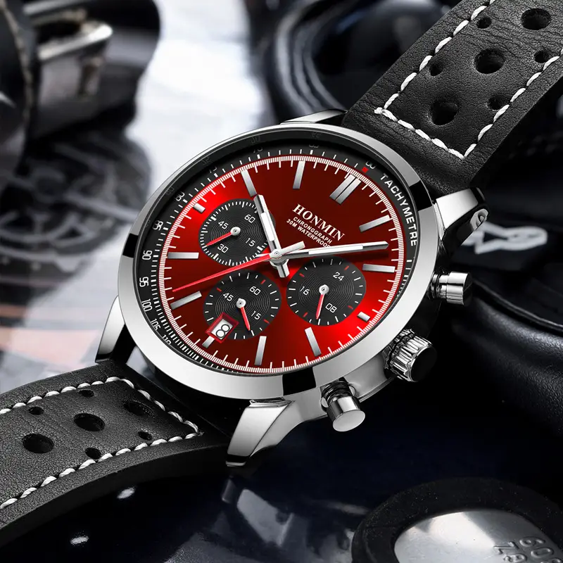 Honmin Six-Pin Chronograph Watch Men Black Leather Belt
