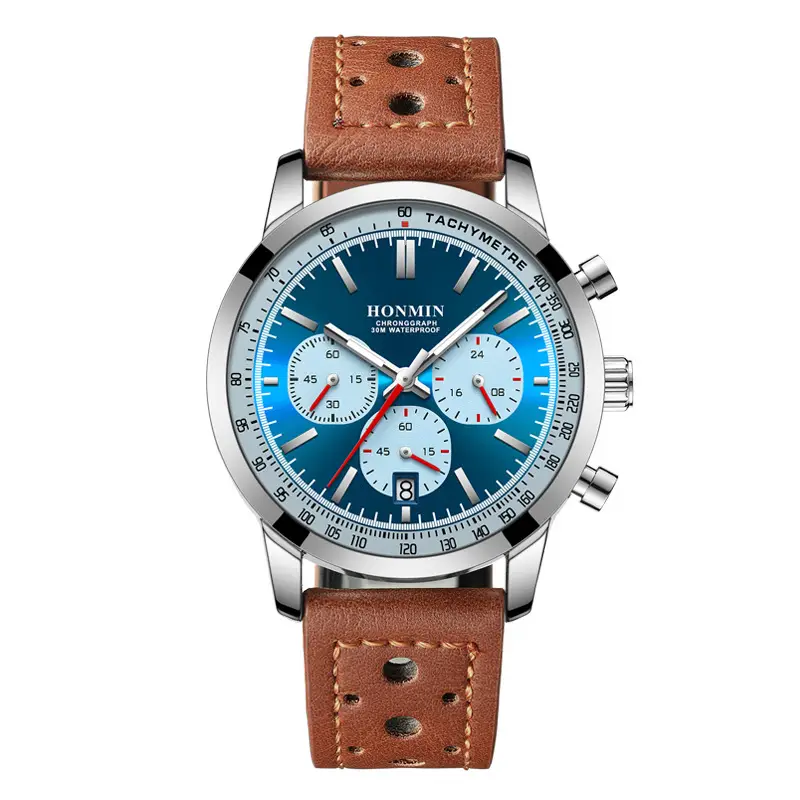 Honmin Six-Pin Chronograph Watch Men Black Leather Belt