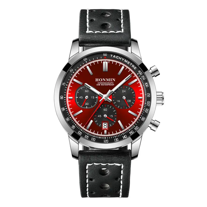Honmin Six-Pin Chronograph Watch Men Black Leather Belt