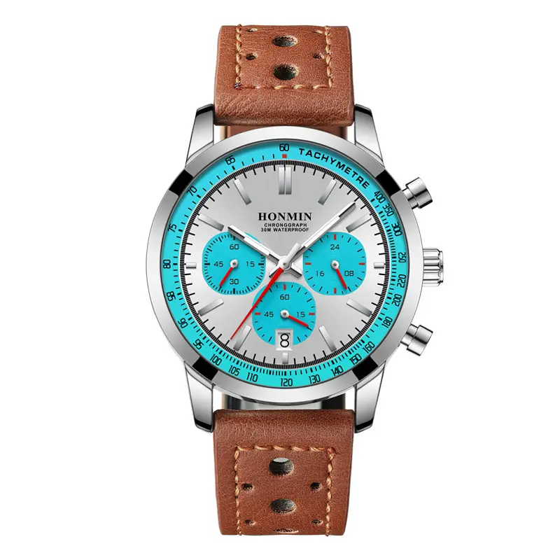 Honmin Six-Pin Chronograph Watch Men Black Leather Belt