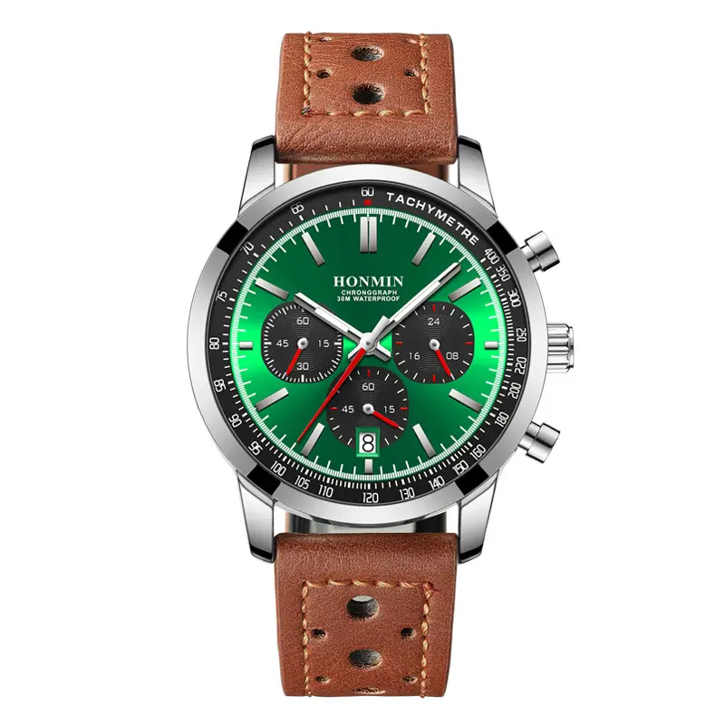 Honmin Six-Pin Chronograph Watch Men Black Leather Belt