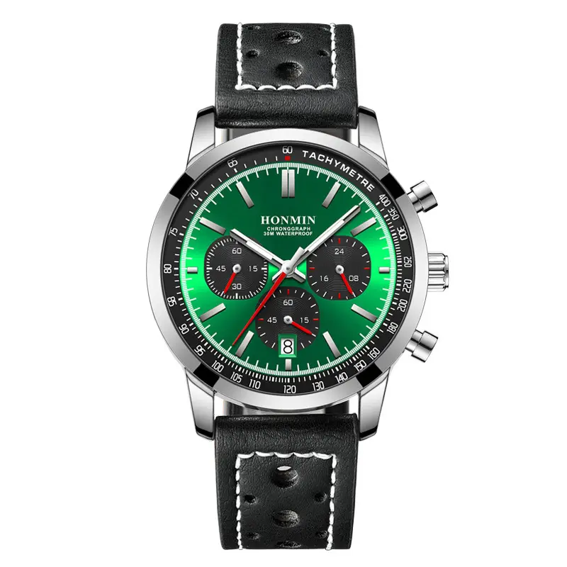 Honmin Six-Pin Chronograph Watch Men Black Leather Belt