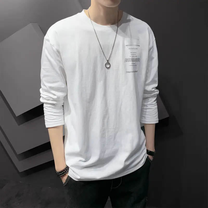 Men Black Long Sleeve T-Shirt Round Neck Korean Print - Image 7