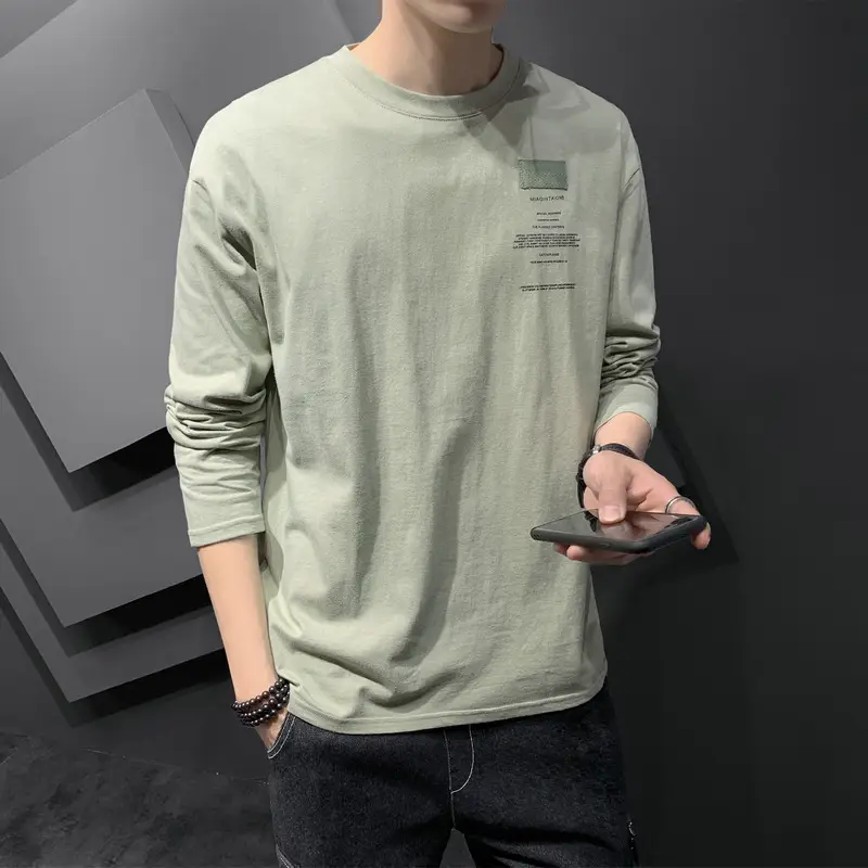 Men Black Long Sleeve T-Shirt Round Neck Korean Print - Image 8
