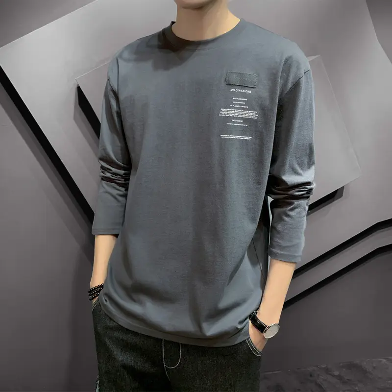 Men Black Long Sleeve T-Shirt Round Neck Korean Print - Image 3