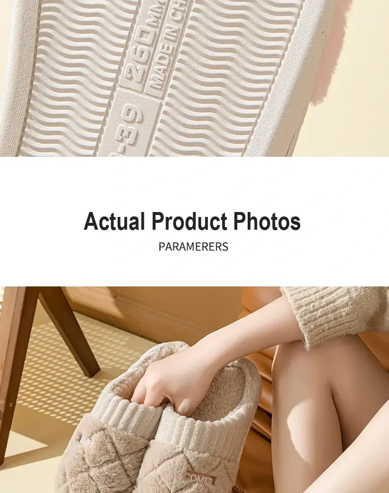 Person holding a beige plush slipper beside a section heading.