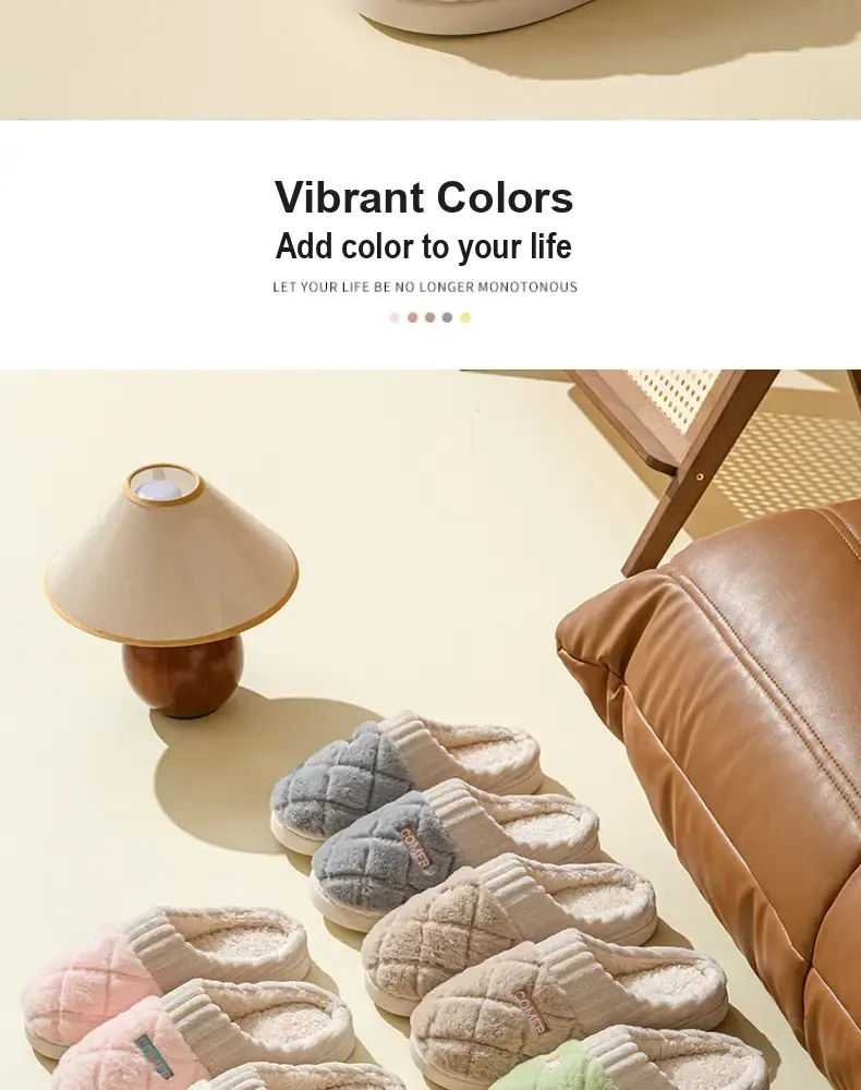 Several color options of plush open-back slippers displayed in a room.