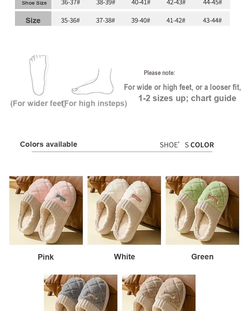 Shoe size and suggested fit size chart with fit advice and color examples.
