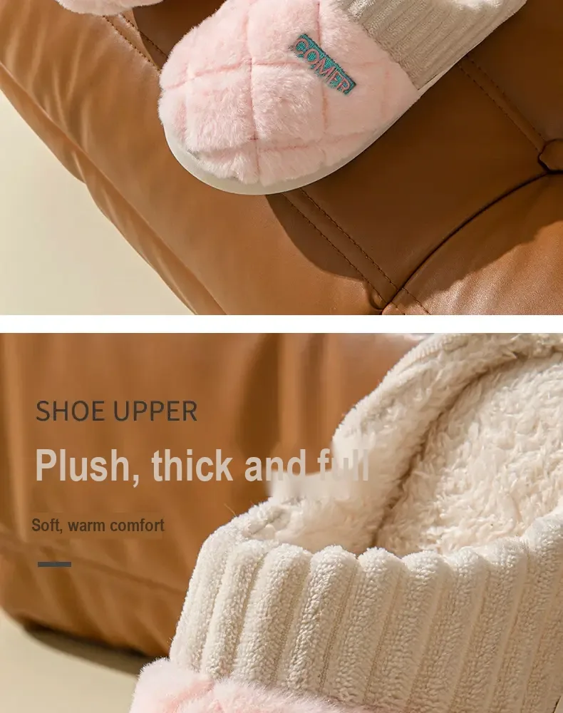 Close-up of pink plush upper and ribbed collar with Chinese feature text.