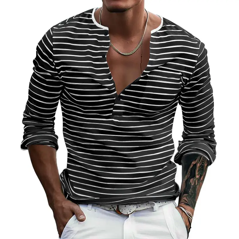 Men's Black White Striped Long Sleeve Henley T-Shirt - Image 6