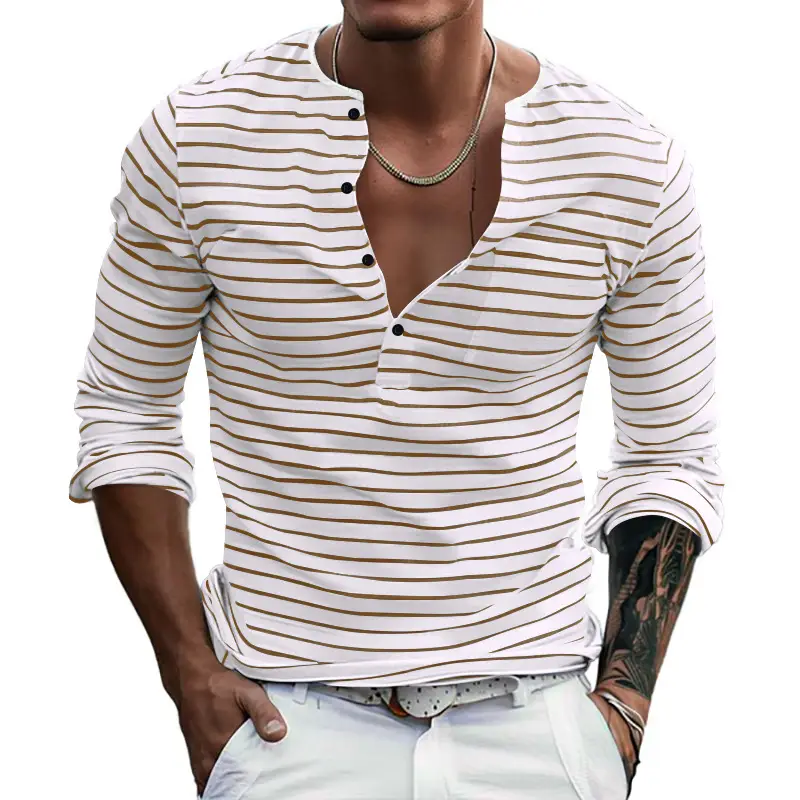 Men's Black White Striped Long Sleeve Henley T-Shirt - Image 7