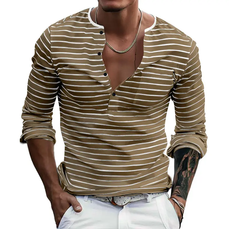 Men's Black White Striped Long Sleeve Henley T-Shirt - Image 9