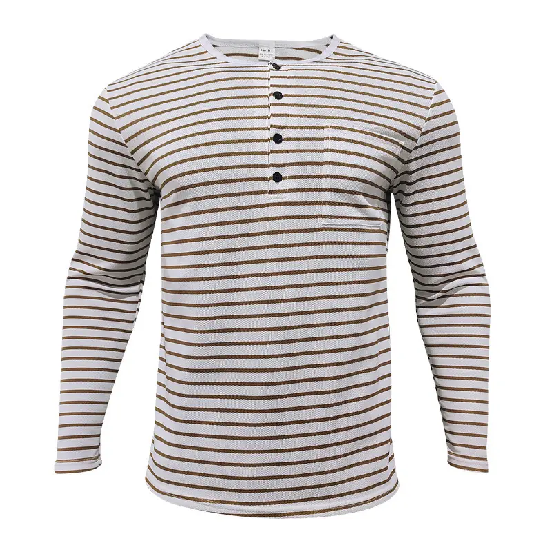 Men's Black White Striped Long Sleeve Henley T-Shirt — feature 13