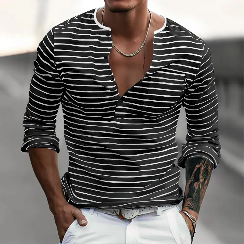 Men's Black White Striped Long Sleeve Henley T-Shirt — feature 19