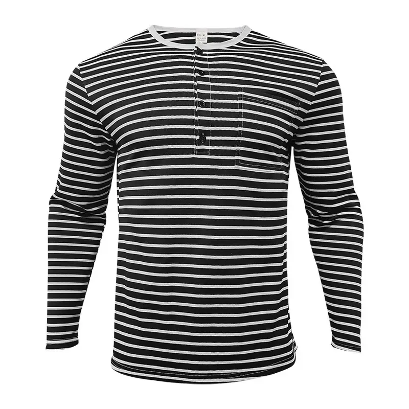 Men's Black White Striped Long Sleeve Henley T-Shirt — feature 21