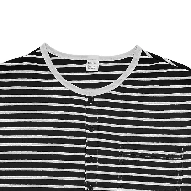 Men's Black White Striped Long Sleeve Henley T-Shirt — feature 23