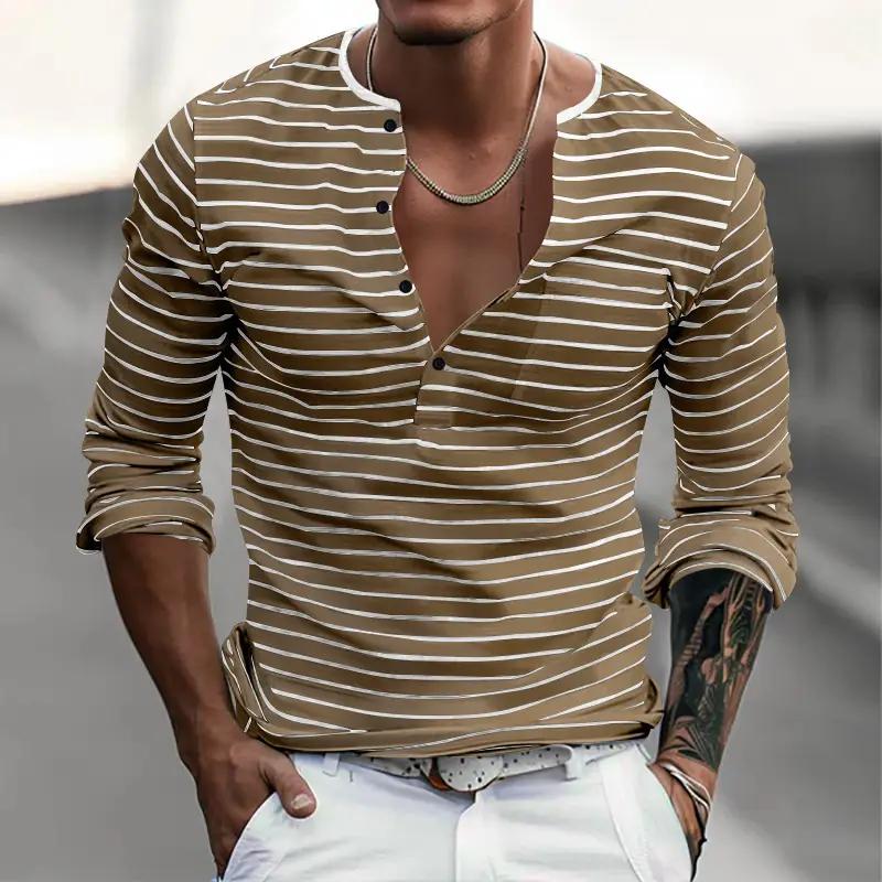 Men's Black White Striped Long Sleeve Henley T-Shirt — feature 27