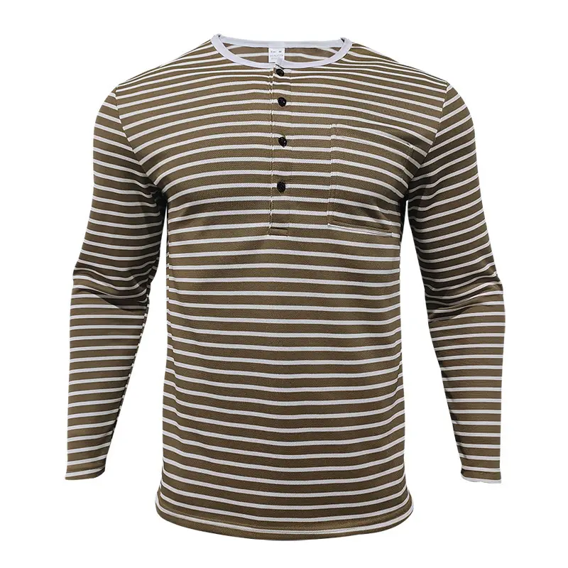 Men's Black White Striped Long Sleeve Henley T-Shirt — feature 29