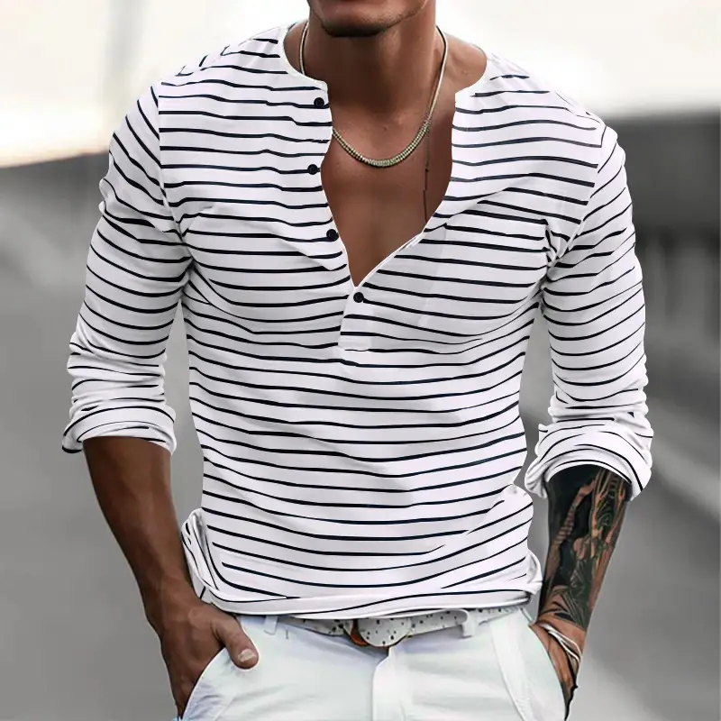 Men's Black White Striped Long Sleeve Henley T-Shirt — feature 3