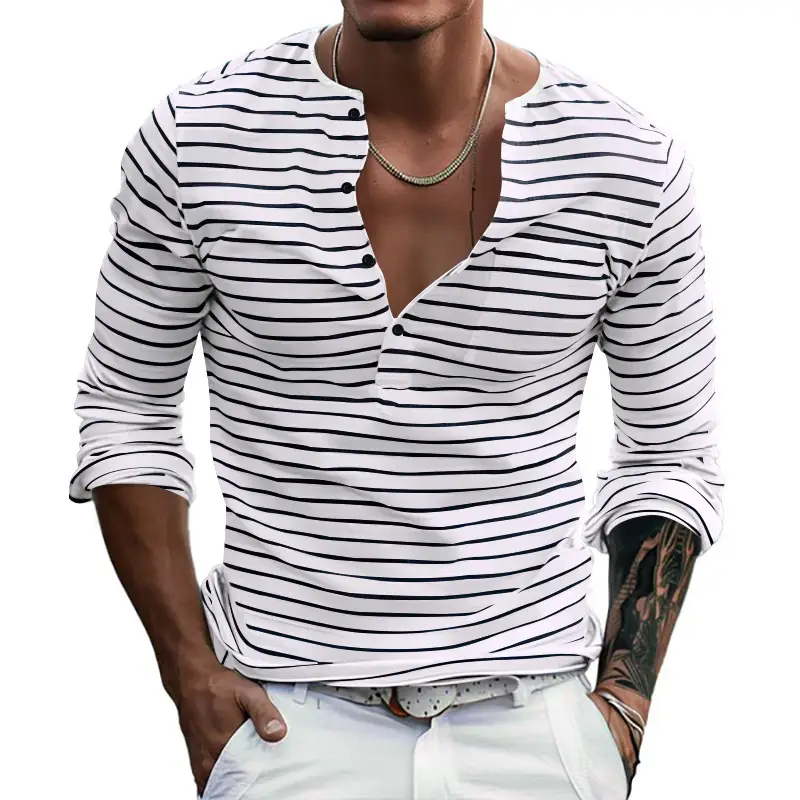 Men's Black White Striped Long Sleeve Henley T-Shirt — feature 4