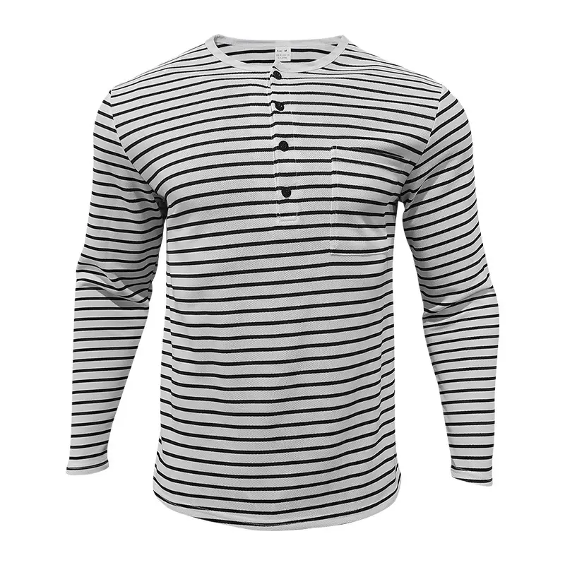 Men's Black White Striped Long Sleeve Henley T-Shirt — feature 5